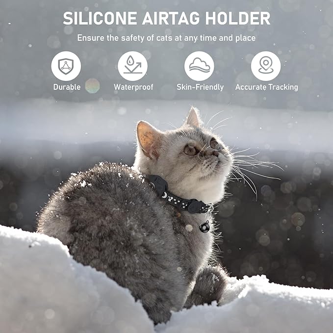 Simket Airtag Cat Collar Breakaway, Cat Collar for AirTag, Refective Kitten Collar with Bell and Apple Air Tag Holder for Girl Boy Cats, 0.4 Inches in Width and Lightweight (Black)