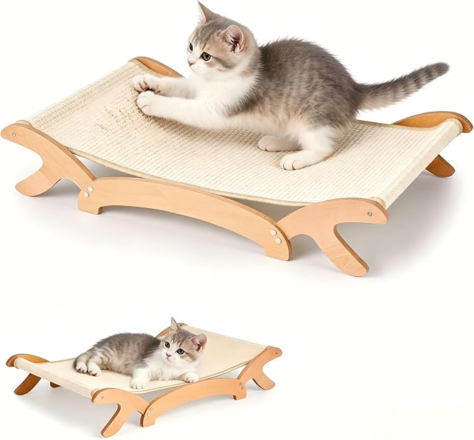 Elevated Cat Bed with Sisal Hammock for Cats, Large Sisal Scratcher Bed for Indoor Cats, Solid Beech Wood Frame up to 22Lbs (26.3" Lx16.1 Dx4.7 H)