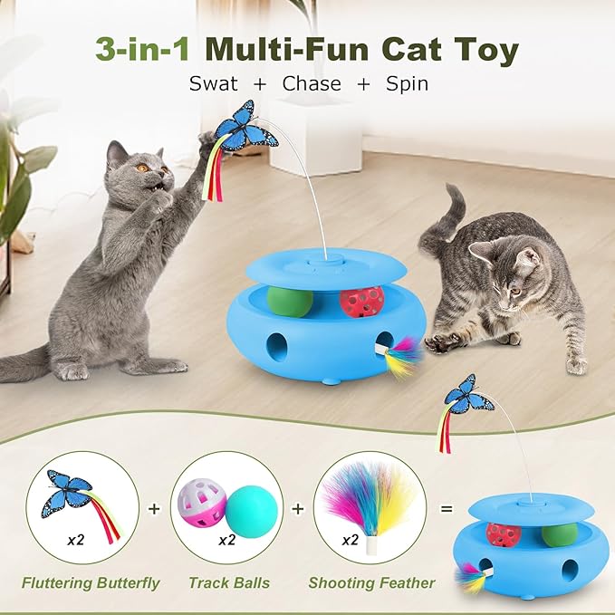 Interactive Cat Toy for Indoor Cats, 3-in-1 Automatic Kitten Toys with Fluttering Butterfly, Ambush Feather and Track Balls, USB Rechargeable Electric Cat Enrichment & Exercise Toy