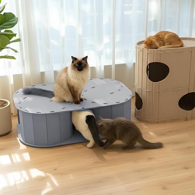 PETKARAY Large Felt Cat Tunnel, Double S-Shaped Hideaway for Indoor Cats, Interactive Cat Bed Cave and Hideout, 34x22.8x10.2 inches Grey
