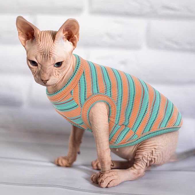 Sphynx Cat Clothes, Breathable Hairless Cat Shirts, Stripe Kitten T-Shirts Sleeveless, Pullover Cat Sweaters, Pet Summer Apparel for Sphynx, Cornish Rex, Devon Rex, Peterbald, Small Dogs