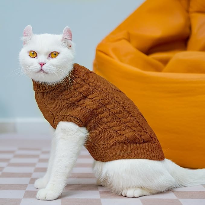 PUPTECK Winter Cat Sweater Coat - Soft Warm Cold Weather Clothes Knitwear for Kittens & Small Dogs Indoor Outdoor Wearing, Knitted Classic for Doggies Kitties Girls Boys, Brown, L