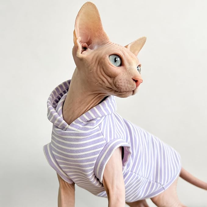 Sphynx Cat Clothes for Cats Only,Classic Striped Hairless Sphinx Cat Clothes Hoodie Shirts, Soft Kitten Sweater Pets Apparel Outfits for Devon Rex, Cornish Rex, Peterbald,Purple,S