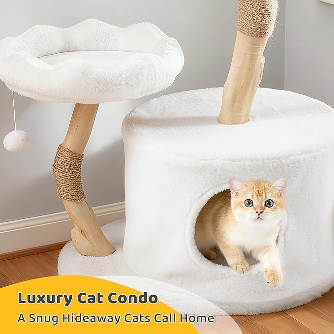 AQUILLA 42.5" Multi-Level Cat Tree Tower – Cozy Cat Condo, Woven Seagrass Basket, Sisal Scratching Posts, Indoor Playground for Cats, White