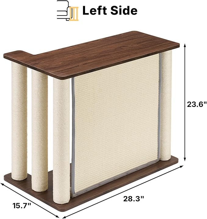 Veehoo Couch Protector from Cat Claws, Couch End Table with Cat Scratch Panel and Scratching Posts, Pet Corner Sofa Side Table Scratcher, Back Walnut, Left