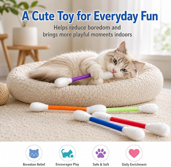 6 Pack Cat Q Tip Toys with Catnip, Giant Cotton Swab Cat Toy for Indoor Cats, Soft Interactive Kitty Toy for Kittens, Bored Cats, Exercise, Kicking, Chewing & Play
