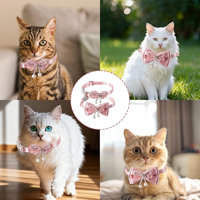 2pcs Adorable Cat Collar with Bow, Adjustable Breakaway Pink Collar for Girl Cat with Pearl Pendant Detachable Kitten Bowtie Accessories (2 Styles)