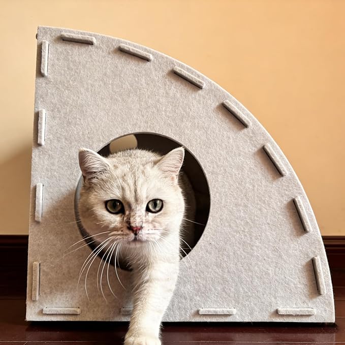 Felt Cat House, Space-Saving Closed Fan-Shaped Corner Design for Wall Corners & Sofa Nooks, with Self-Adhesive Cat Scratching Pad, Warm Cozy Cat Hideaway for Indoor Kittens & Adult Cats (Gray)