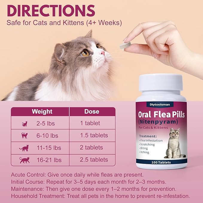 (Nitenpyram) Oral Flea Treatment for Cats (2-25 lbs) – 100 Tablets Fast-Acting Cat Flea Pills – Quickly Removes Fleas and Reduces Scratching, Biting, and Skin Irritation