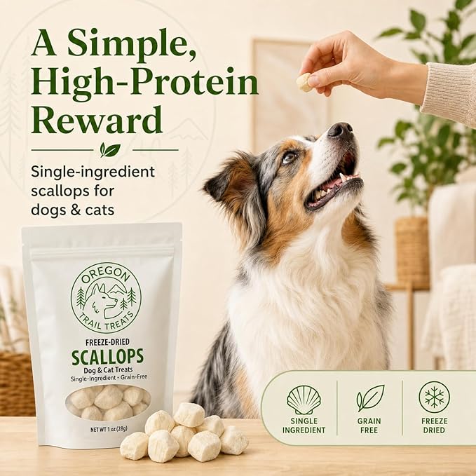Oregon Trail Treats Freeze-Dried Scallops Dog & Cat Treats - Single Ingredient Premium Bay Scallops Grain Free 1 oz