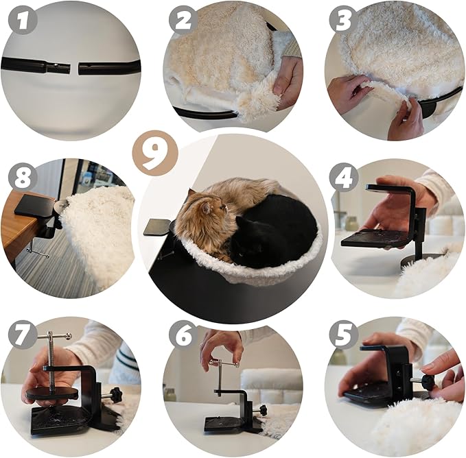 Round Cat Desk Bed, Space-Saving Elevated Pet Hammock for 40lbs Cats & Kittens, All-Season Office Workspace Cat Bed, Sturdy Desk-Mounted Seat with Washable Breathable Fabric, 360 View