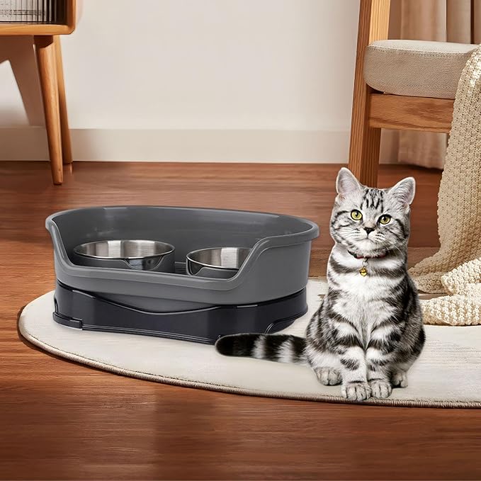 Gralara Cat Water and Food Bowl Feeder Feeding Dish Easy to Clean Non Slip Double Bowl Pet Feeder for Small Dogs, Gray