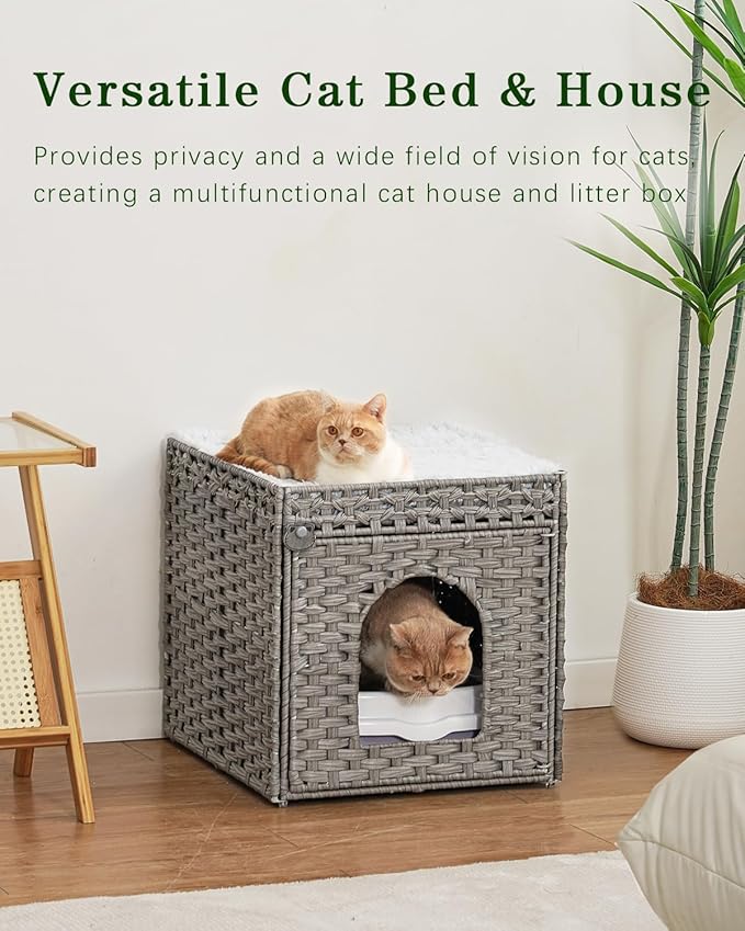 SETVSON Cat Beds for Indoor Cats Extra Large Double Cat Cave Pet Cube, Handwoven Rattan Cat Houses with Double-Sided Soft Cushions, 18.5 x 20.5 x 19.1 Inches Foldable Hideaway in Living Room Gray