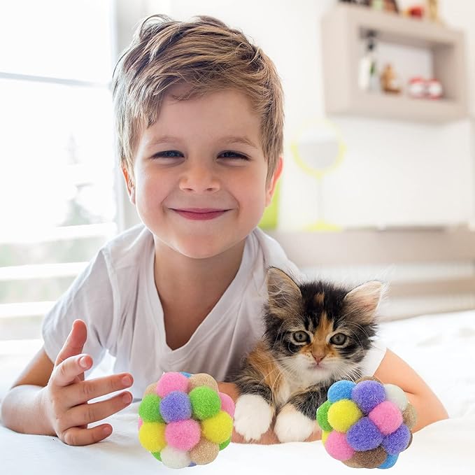 2 Inches Cat Toy Balls with Bell, Colorful Soft Fuzzy Balls, Cat Toys for Indoor 12 Pieces.