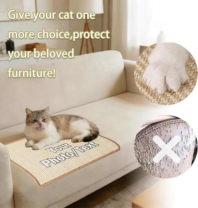 Custom Cat Scratcher Mat,Personalized Wall-Mountable Cat Scratch Pad,23.6 X 15.7In Natural Sisal Cat Scratching Board for Floor,Wall,Couch & Carpet,Indoor Cats Toy Furniture Protector
