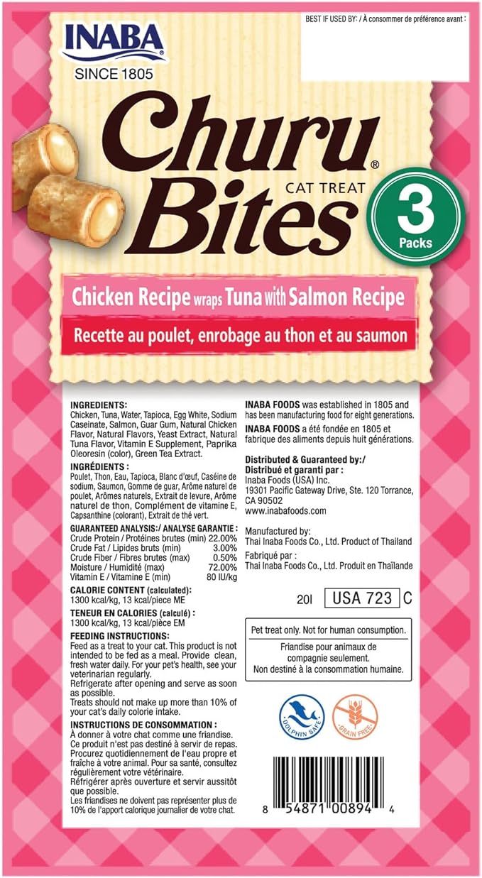 INABA Churu Bites for Cats, Soft/Chewy Baked Chicken Wrapped Churu Filled Cat Treats with Vitamin E, 0.35 Ounces per Tube, 18 Tubes Total (3 Tubes per Pack), Tuna with Salmon Recipe