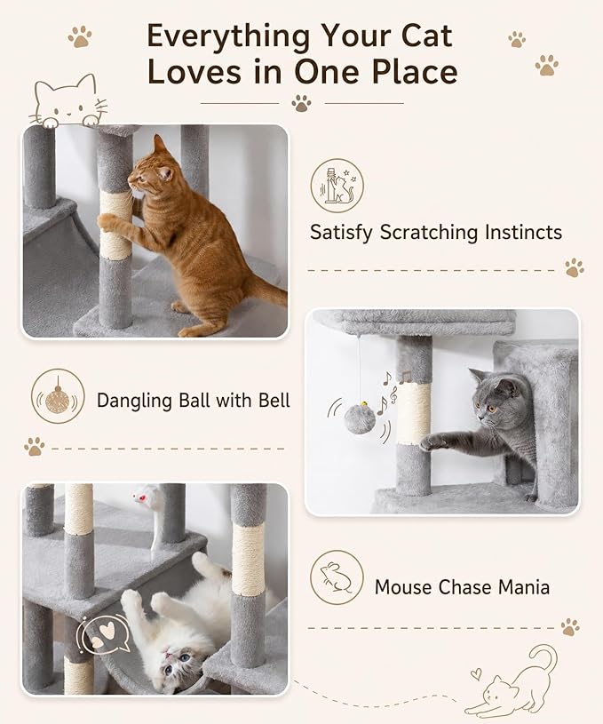 Heavy Duty Cat Tree for Indoor Cat, 71 Inch Large Cat Tower with Scratching Post and Top Perch, Hammock, Big Cat Condo for Adult Cats Kittens, PMT03GY, Grey