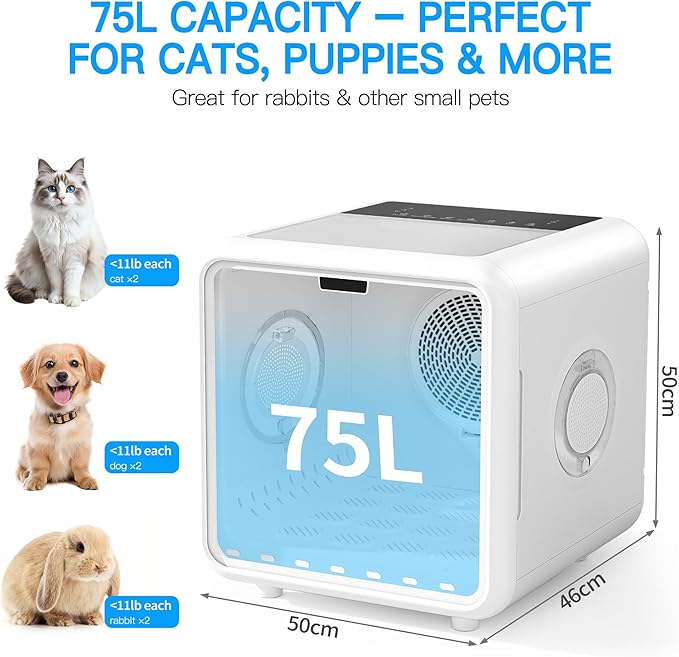 Fenbeli Pet Dryer Box for Cats and Small Dogs, 75L Extra-Large Quiet Pet Drying Room with Smart App Control, 360° Airflow, Adjustable Temperature & Time, Spacious Grooming Dryer for Home Use