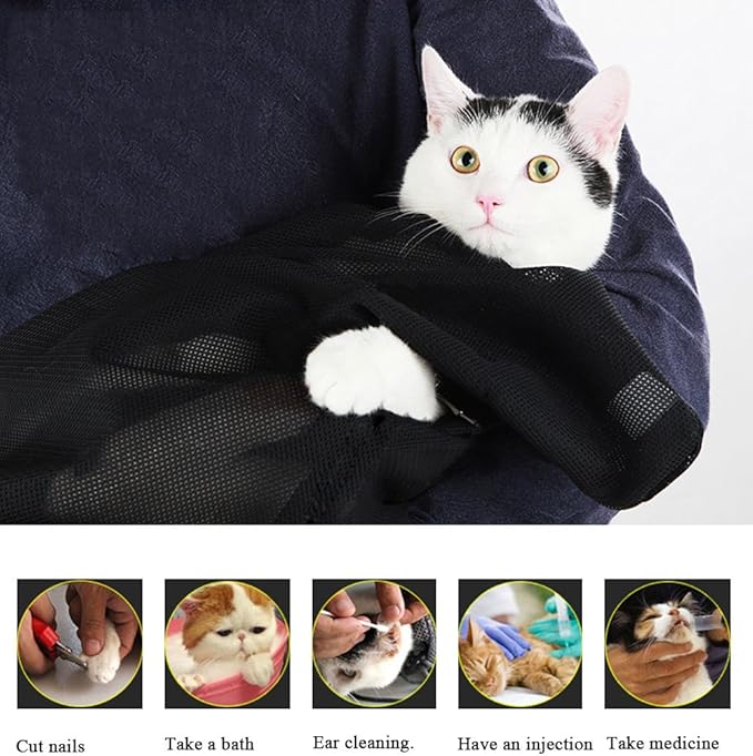 ASOCEA Cat Bathing Bag Adjustable Cat Grooming Mesh Bag Breathable Restraint Shower Bag Anti-Bite and Anti-Scratch for Bathing Nail Trimming Injecting Ears Clean Medicine Taking