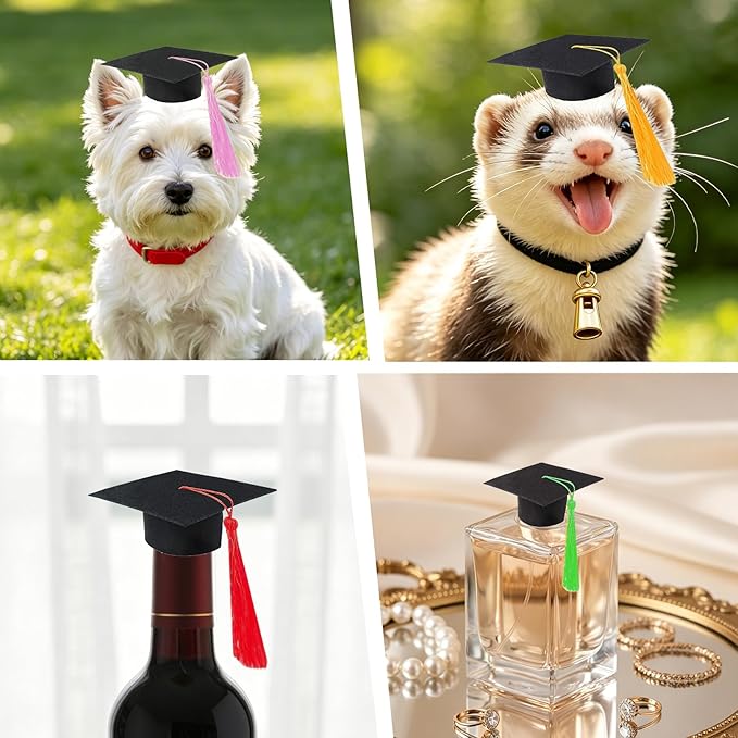 Mini Graduation Caps, 4 Pack Black Mini Graduation Caps with Gold Red Pink and Green, Small Animal Bachelor Hats for Adjustable Pet Graduation Photo Props Cat Dog Holiday Costume Accessories