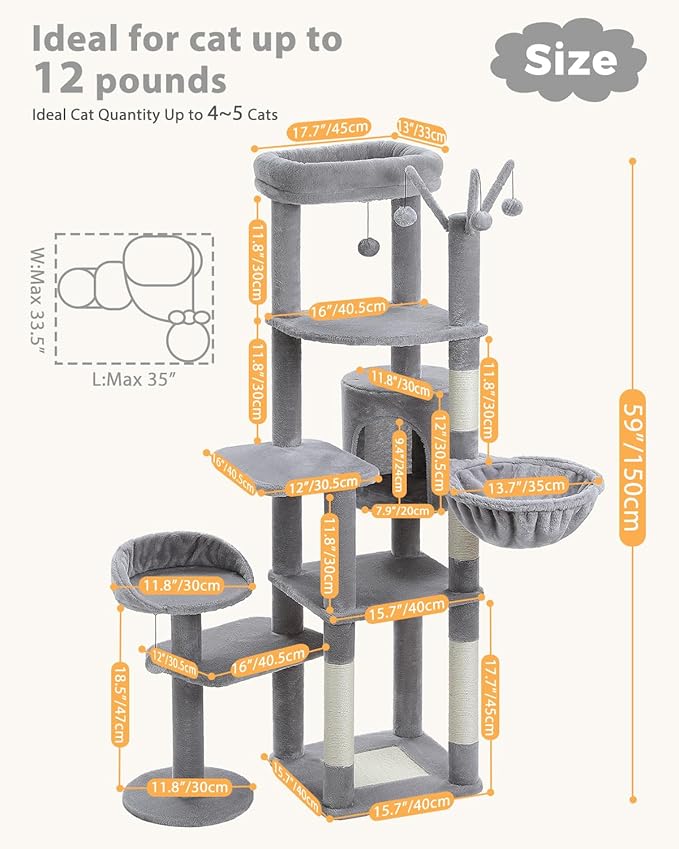 MUTTROS 59" Cat Tree, Tall Cat Tower for Large Cat, Multi-Level Tower with 3 Removable Pompom Sticks, Cat Tree for Indoor Cats, Condo with Large Hammock, Scratching Post, and 2 Perches, Grey