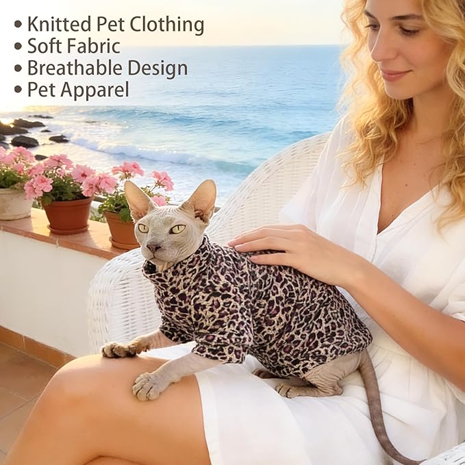 Sphynx Cat Sweater Hairless Cat Clothes Sweater Shirt Soft Warm Long Sleeves Pullover Pet Clothes Pajamas Dog Cloth for Small Dogs Jumpsuit Pet Sweaters (Purple Leopard, Small)