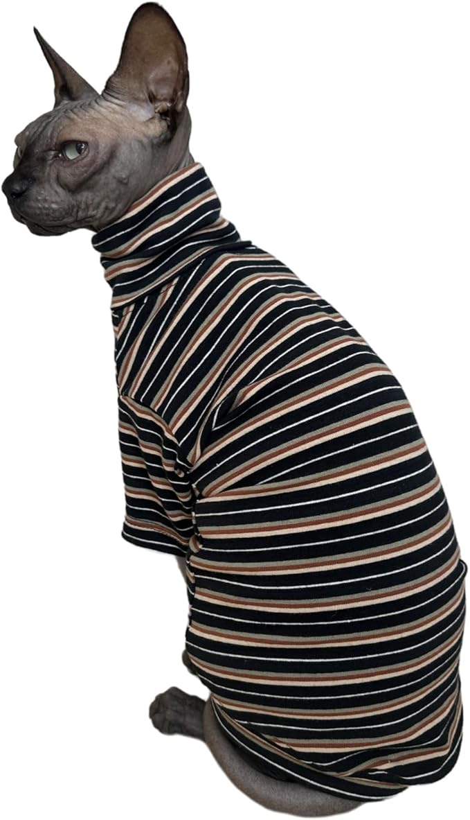 Vintage Stripes Sphynx Hairless Cats Shirt Cotton Cat Turtleneck Pet Clothes Kitten T-Shirts with Sleeves for Sphynx Cats (Vintage Black, Small)