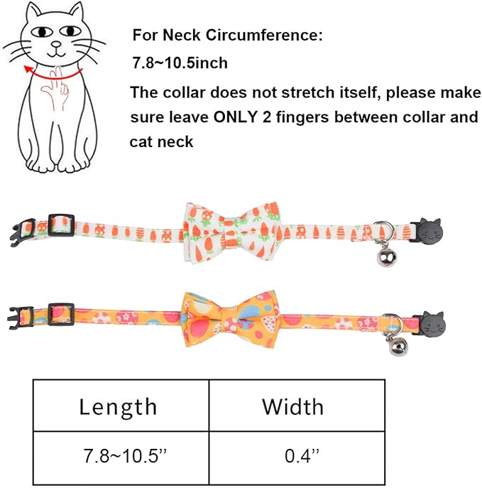 ADOGGYGO 2 Pack Easter Cat Collar with Removable Bow Tie Bell, Breakaway Carrot Pattern Easter Collars for Cat