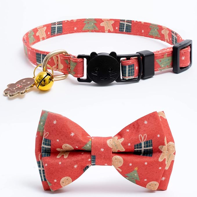 2 Pack Cotton Christmas Cats Collar with Bow Tie Red Green Cat Collars for Girl Female Boy Male Cat Collar with Bell Gingerbread Man Christmas Trees Charms