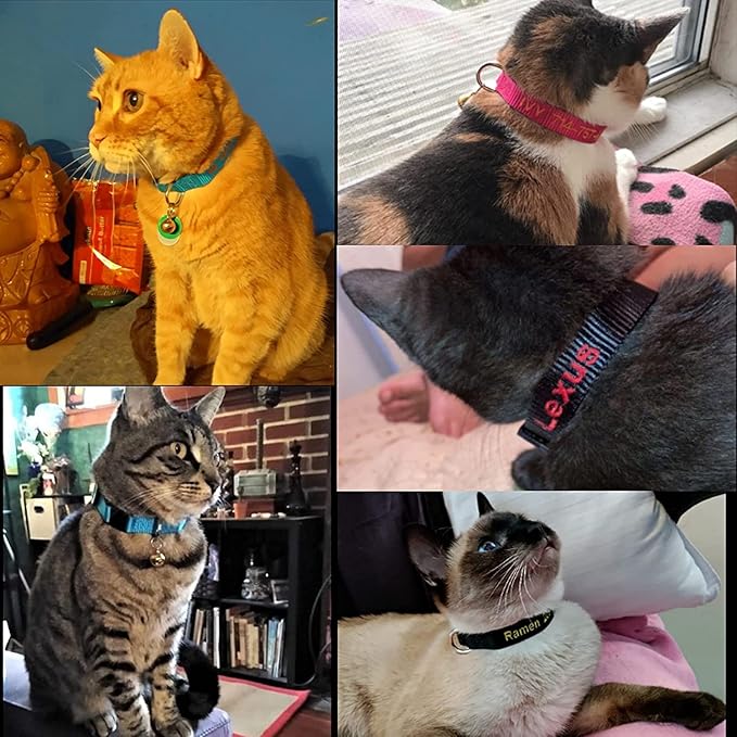1PCS Personalized Cat Collar with Bell,Custom Cat Collars with Name and Phone Number Adjustable Nylon Embroidered ID Collar for Cat with Breakaway Safety Release Buckle