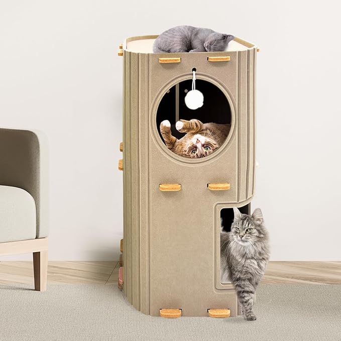 Homegroove Cat House for Indoor Cats, 2-Storey Cozy Felt Cat Bed Cave with Tunnel Hideaway, Large Multi-Cat Condo for Rest & Play (Camel, Large)