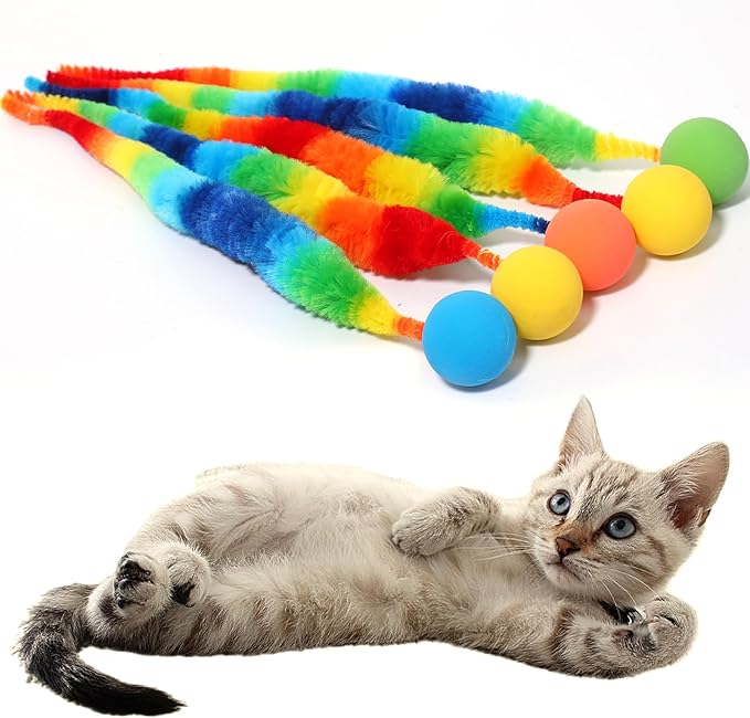QfwdfcTrenz 5 Pcs Fuzzy Balls for Cats Bouncy Ball Colorful Fuzzy Bouncy Cat Balls Toy FuzzyWorms Pom Pom Cat Toys (Ball Colors are Random)