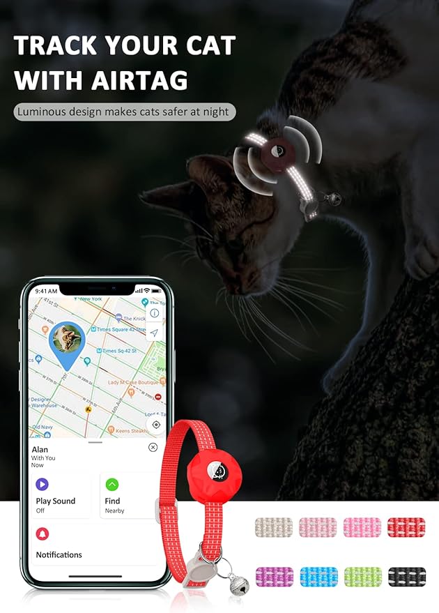 AirTag Cat Collar, Reflective Kitten Collar Breakaway Apple Air Tag GPS with Holder and Bell, Lightweight Tracker Collars for Girl Boy Cats, Kittens Puppies (Red)