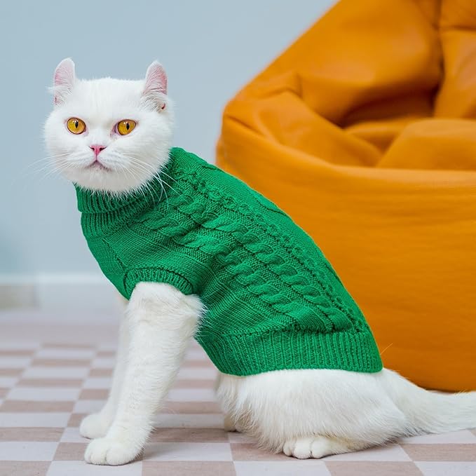 PUPTECK Winter Cat Sweater Coat - Soft Warm Cold Weather Clothes Knitwear for Kittens & Small Dogs Indoor Outdoor Wearing, Knitted Classic for Doggies Kitties Girls Boys, Green, M