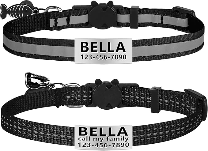 La Reine 2 Pack Cat Collar with Name Tag, Personalized Reflective Cat Collar Breakaway with Bell and Fish Bones and Heart Pendant (Black)