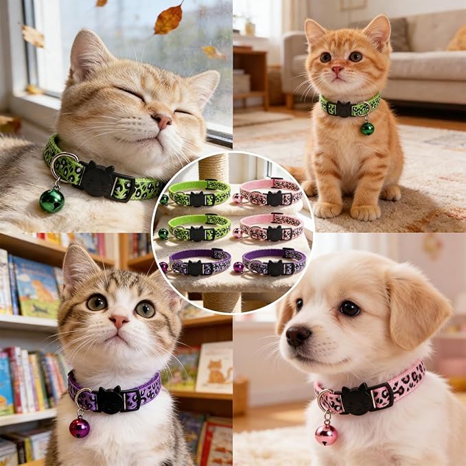 6 Pcs Leopard Breakaway Cat Collars with Bell Breakaway and Safe Dog Collars Adjustable Small Cats Collar Pet Collar Mixed Colors Adjustable19-32cm