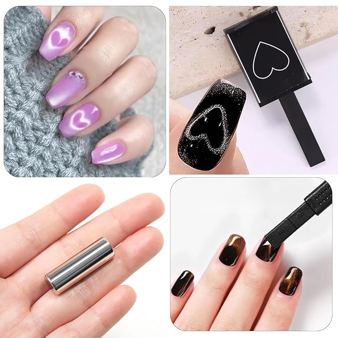 9pcs Cat Eye Nail Tools – 3-in-1 Nail Art Magnet, Multi-Functional Nail Magnet Stick, Nail Magnet Plates, Cylindrical Magnets, Scissor & Y-Shaped Plates for French Heart Cat Eye Effect