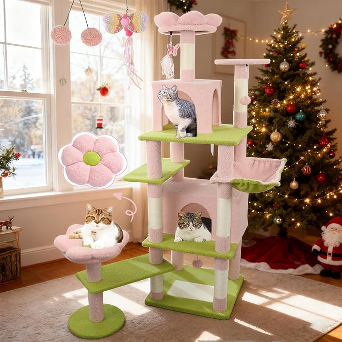 Flower Cat Tree 71 Inches,Large Cat Tower with 2 Detachable Flower Cushions and 2 Hiding Condo, Tall and Big Cat Tree with Hammock Bed, Interactive Toys and Scratching Posts for Indoor Cats (Pink)