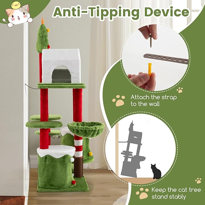 PETSITE 58 Inch Cat Christmas Tree, Multi-Level Cat Tower with 3 Cat Condos, Cat Self Groomer, Side Basket, Faux Christmas Tree, and Anti-Tipping Kit, Christmas-Themed Cat Tree for Indoor Cats