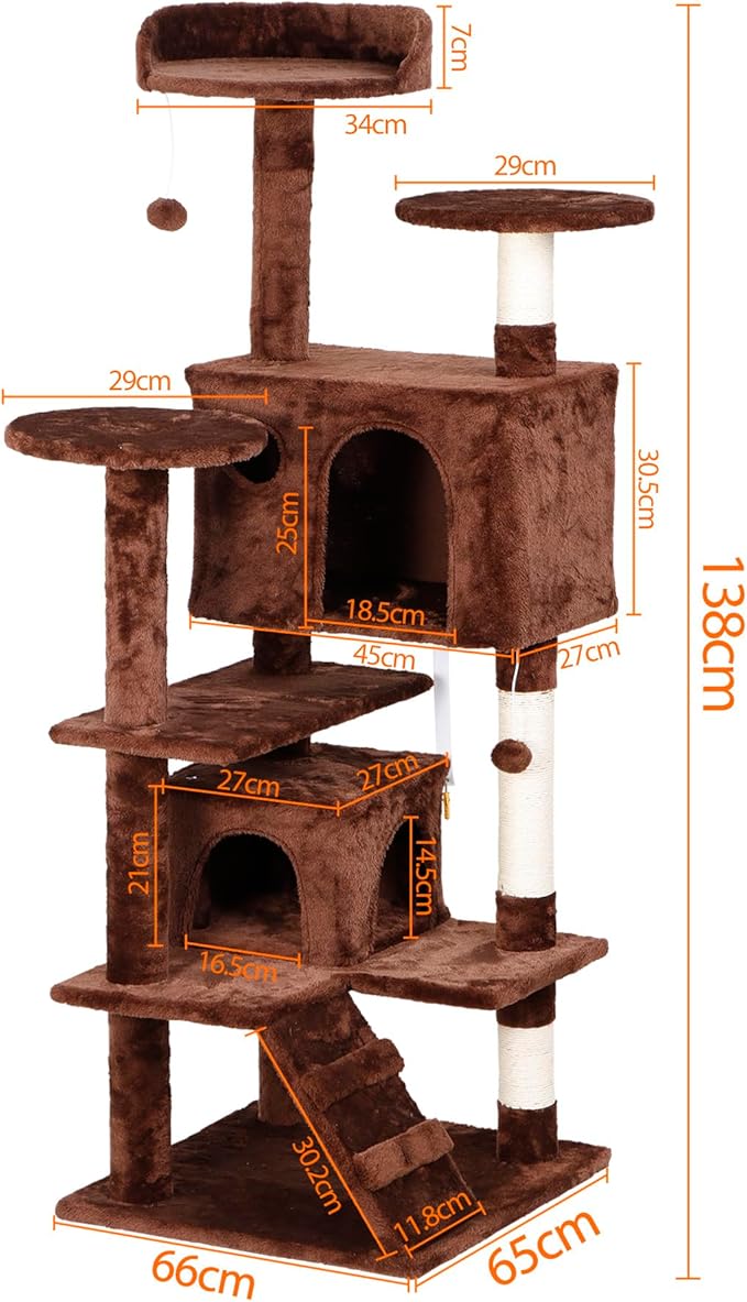 52” Multi-Level Cat Tree Condo Furniture Kitten Activity Play House Bed Pet Kitty Climbing Tower with Scratching Posts/Plush Perch/Scratcher Ladder/Tunnel for Cats,Kittens,Pets (Brown)
