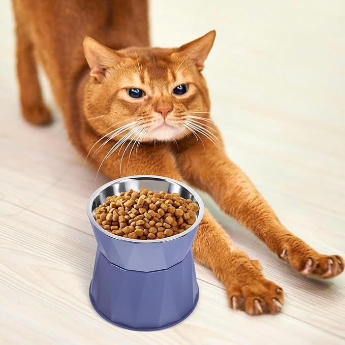 Kisangel Elevated Cat Bowl Adjustable Raised Pet Feeder with Non-Slip Support Stand in Blue for Indoor Cats Feeding and Watering