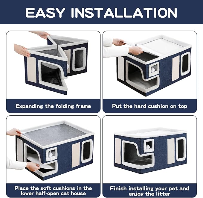 Large Cat Houses for Indoor Cats, Extra Wide Cat Cave Bed with Scratch Pad and Fluffy Ball, Foldable Cat Hideaway Condo for Large Cats, Modern Kitten Bed,23x16x13 inches (Blue, X-Large)