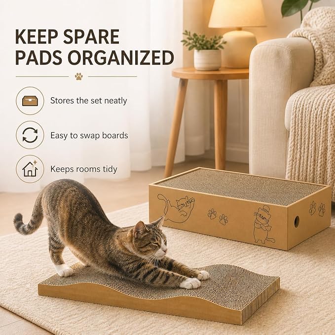 5 Packs Cat Scratcher Set with Storage Box, 2 Wave Lounge Pads + 3 Flat Corrugated Cardboard Scratch Pads for Indoor Cats, Replaceable Scratch Boards to Protect Furniture