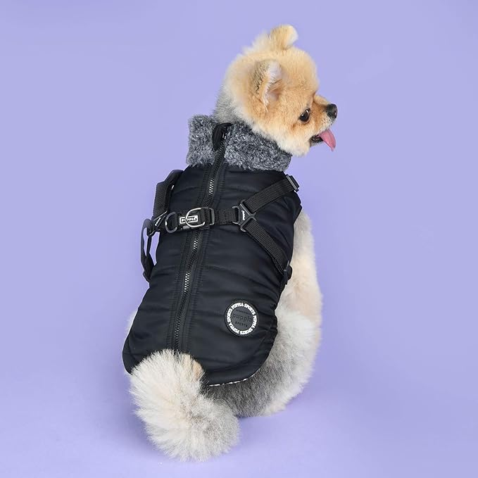 Puppia Donavan Winter Dog Coat with Integrated Harness No Pull Cold Weather Waterproof Warm Fleece Back Zipper for Small & Medium Dog, Black, Small