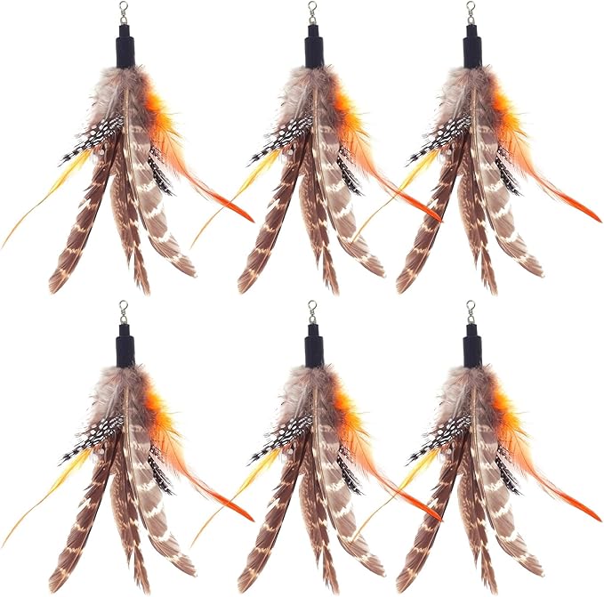 7 PCS Cat Wand Toy Refills - 6 Pack Natural Feather Attachments & 1 Replacement Elastic String with Lobster Clasp, Interactive Teaser Toy Refills for Indoor Cats and Kittens(6 Feather Refills)