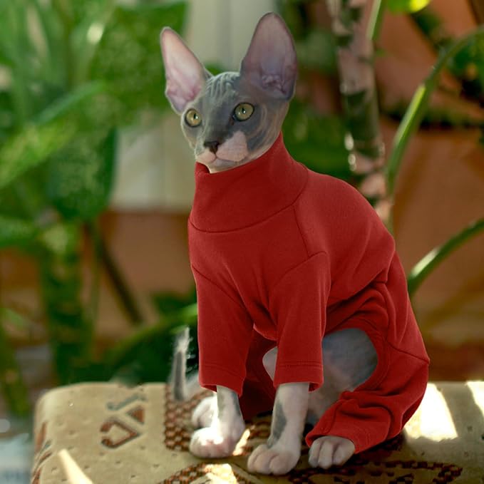 ROZKITCH Sphynx Clothes for Cats, Breathable Soft Cat Jumpers for Cats Only, Cat Coat with Four Legs, Warm Sweater T-Shirt Pajamas Jumpsuit Vest Cornish Rex Devon Rex Peterbald Red 2XL
