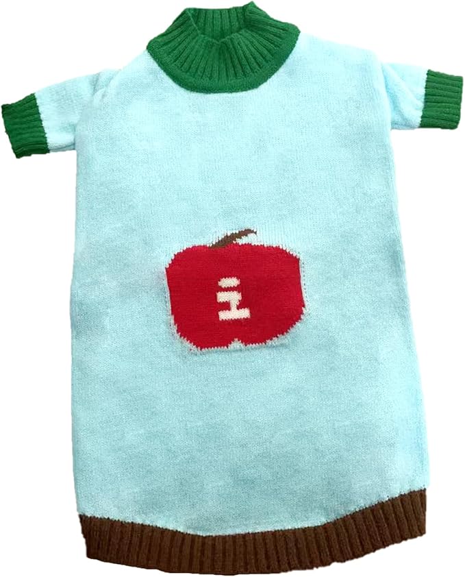 Winter Pet Knit Sweater - Light Blue with Red Fruit Print, Cozy Dog Cat Clothing, XS/S/M/L/XL Sizes (Large)