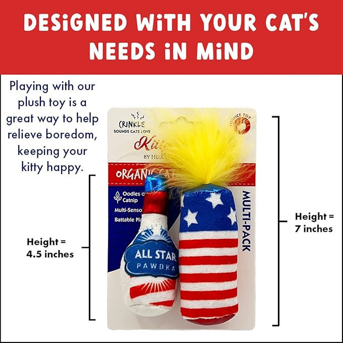 Huxley & Kent Plush Cat Toy - 4th of July Interactive Catnip Toy for Cats & Kittens - Soft with Crinkle & Catnip - Fun Indoor Play - Firecracker & All Star Pawdka, 2pk