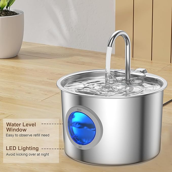 Premium Cat Water Fountain - Whisper-Quiet, 304 Stainless Steel, Smart Pump for Hydration Obsessed Cats | 74oz, 6 Filters Included (74oz Fountain+6 Filters +6 Sponges)