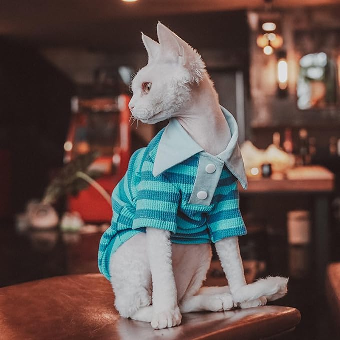 Super Soft Sphynx Cat Shirt Cotton Hairless Kitten Polo T-Shirt with Sleeves Pullover Cat Pajamas for Sphynx Cornish Rex, Devon Rex, Peterbald (Sea Blue, XL (10-12 lbs))